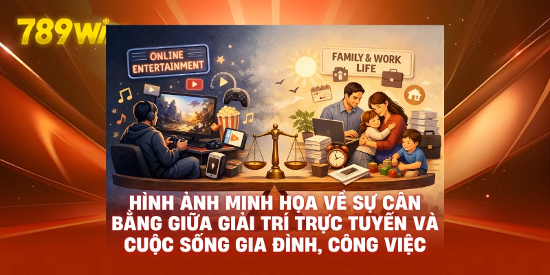 Hình ảnh minh họa về sự cân bằng giữa giải trí trực tuyến và cuộc sống gia đình, công việc.